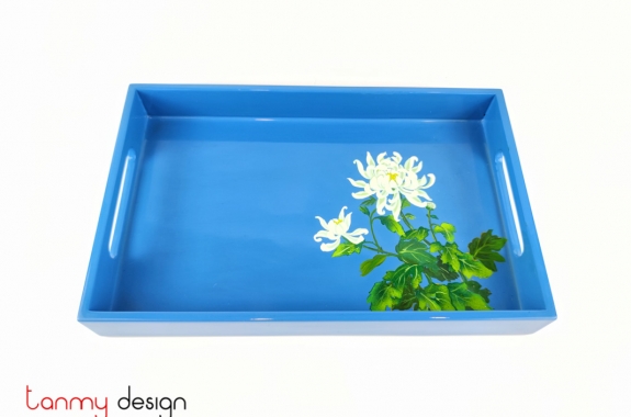 Blue rectangular lacquer tray with hand-painted chrysanthemum 19x30 cm